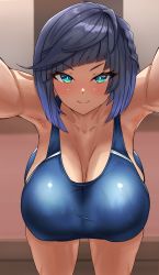 Rule 34 | 1girl, absurdres, armpits, bare shoulders, black hair, blue hair, bob cut, breasts, cleavage, collarbone, competition swimsuit, diagonal bangs, genshin impact, green eyes, haihm108, highres, huge breasts, large breasts, looking at viewer, multicolored hair, one-piece swimsuit, short hair, smile, solo, sweat, swimsuit, tan, yelan (genshin impact)