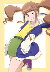 Rule 34 | 1girl, belt, belt buckle, border, brown eyes, brown hair, buckle, collarbone, floating hair, fuchi (nightmare), green belt, green skirt, grin, hands in pocket, healin&#039; good precure, highres, hiramitsu hinata, hood, hood down, hooded jacket, jacket, long hair, looking at viewer, miniskirt, one eye closed, open clothes, open jacket, outside border, pencil skirt, precure, purple footwear, shadow, shiny skin, shirt, sketch, skirt, smile, solo, standing, standing on one leg, twintails, very long hair, white background, yellow border, yellow shirt