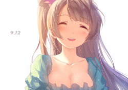Rule 34 | 10s, 1girl, :d, ^ ^, blush, bow, breasts, brown hair, caidychen, cleavage, closed eyes, collarbone, dated, dress, hair bow, long hair, love live!, love live! school idol festival, love live! school idol project, medium breasts, minami kotori, one side up, open mouth, puffy sleeves, side ponytail, simple background, smile, solo, upper body, white background