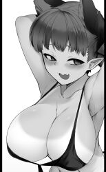 Rule 34 | 1girl, animal ears, arms up, blush, breasts, cat ears, cat girl, cleavage, commentary, extra ears, fang, greyscale, kaenbyou rin, large breasts, looking at viewer, mizuga, monochrome, navel, nekomata, open mouth, pointy ears, skin fang, solo, symbol-only commentary, tan, tanline, touhou, upper body
