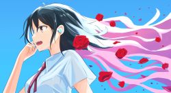 Rule 34 | black hair, brown eyes, collared shirt, cycloneactionx, earbuds, earphones, flower, freckles, from side, highres, long hair, naitou suzu, open mouth, petals, pink hair, red neckwear, rose, ryuu to sobakasu no hime, shirt, solo, sweatdrop, white shirt