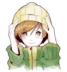 Rule 34 | 1girl, artist request, beanie, brown eyes, brown hair, eyebrows hidden by hair, hat, highres, jacket, persona, persona 4, satonaka chie, short hair, simple background, smile, solo, track jacket, white background