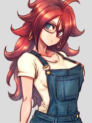 Rule 34 | 1girl, ahoge, android 21, blouse, blue eyes, blue overalls, breasts, brown hair, cleavage, dragon ball, dragon ball fighterz, earrings, glasses, grey background, hair between eyes, hoop earrings, jewelry, kemachiku, long hair, looking at viewer, overalls, shirt, solo, very long hair, white shirt