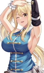 Rule 34 | 1girl, ;d, amagi korona, armpits, arms up, blonde hair, blue shirt, breasts, brown eyes, collared shirt, detached sleeves, fairy tail, floating hair, glint, gradient eyes, highres, holding, holding key, key, large breasts, long hair, lucy heartfilia, multicolored eyes, neck ribbon, one eye closed, open mouth, ribbon, scrunchie, shirt, side ponytail, sideboob, simple background, single detached sleeve, sleeveless, sleeveless shirt, smile, solo, very long hair, white background, wing collar, wrist scrunchie, yellow eyes, yellow ribbon