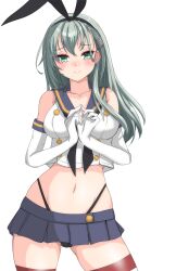 Rule 34 | 1girl, black hairband, black neckerchief, black panties, blue sailor collar, blue skirt, blush, closed mouth, collarbone, commentary request, cosplay, cowboy shot, crop top, elbow gloves, gloves, green eyes, green hair, hair between eyes, hairband, highleg, highleg panties, highres, kantai collection, long hair, looking at viewer, miniskirt, navel, neckerchief, nitamako (sakamalh), one-hour drawing challenge, panties, pleated skirt, sailor collar, school uniform, serafuku, shimakaze (kancolle), shimakaze (kancolle) (cosplay), simple background, skirt, sleeveless, solo, striped clothes, striped thighhighs, suzuya (kancolle), thighhighs, thong, twitter username, underwear, white background, white gloves