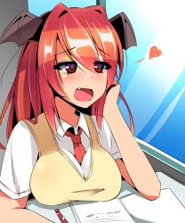 Rule 34 | 1girl, :d, absurdres, breast rest, breasts, dress shirt, fang, hand on own cheek, hand on own face, head wings, heart, highres, koakuma, large breasts, long hair, miton (turuyasann), necktie, notebook, open mouth, pencil, red eyes, red hair, red necktie, shirt, smile, solo, sweater, touhou, upper body, white shirt, window, wings