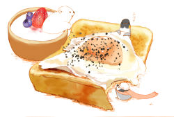 Rule 34 | 4others, artist name, bear, bird, bread, bread slice, chai (drawingchisanne), commentary, egg (food), egg yolk, food, food focus, fried egg, fried egg on toast, fruit, highres, looking at another, looking at viewer, multiple others, no humans, original, penguin, pepper, scarf, simple background, sitting on food, strawberry, sunny side up egg, toast, translated, white background, yogurt