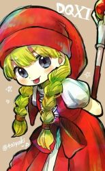 Rule 34 | 1girl, blonde hair, bow, braid, brown background, doradorakingyo, dragon quest, dragon quest xi, grey eyes, holding, holding behind back, holding staff, long hair, looking at viewer, puffy short sleeves, puffy sleeves, red bow, red headwear, red hood, short sleeves, solo, staff, tongue, tongue out, twin braids, twitter username, veronica (dq11), waist bow
