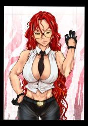 Rule 34 | 1girl, 3e, abs, between breasts, breasts, cleavage, crimson viper, gloves, hair down, large breasts, long hair, mature female, muscular, necktie, necktie between breasts, red hair, sodom, street fighter, street fighter iv (series), sunglasses