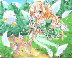 Rule 34 | 1girl, ;d, atsuchi yotarou, bird, blonde hair, blush, creature, day, dress, fairy, fairy wings, flower, forest, frills, full body, grass, green dress, green thighhighs, hair flower, hair intakes, hair ornament, highres, horns, long hair, mary janes, nature, one eye closed, open mouth, original, outdoors, petals, purple eyes, shoes, side ponytail, single horn, skirt, sky, smile, solo, thighhighs, tree, two side up, wings, wink, wrist cuffs