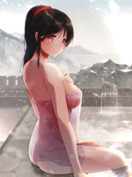 Rule 34 | 1girl, black hair, breasts, closed mouth, commentary request, dermar, hair ornament, hair scrunchie, highres, large breasts, looking at viewer, mountain, naked towel, ocean, onsen, original, outdoors, ponytail, red eyes, rock, scrunchie, see-through, shore, sideboob, signature, sitting, smile, snow, solo, stone, towel, water, waterfall, wet, wet towel