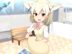 Rule 34 | 1girl, absurdres, alternate costume, animal ears, bench, blonde hair, blue skirt, blurry, blurry background, bob cut, bow, bowtie, brown eyes, commentary, depth of field, dress shirt, fennec (kemono friends), fox ears, fox tail, highres, holding own tail, indoors, kemono friends, lens flare, looking at viewer, miniskirt, open mouth, pink bow, pink bowtie, plaid, plaid skirt, pleated skirt, school uniform, shiraha maru, shirt, short hair, short sleeves, skirt, smile, solo, sparkle, standing, sweater, sweater vest, tail, v-neck, white shirt, wing collar, yellow sweater