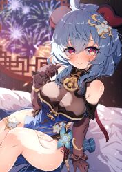 Rule 34 | 1girl, absurdres, ahoge, bare shoulders, bed sheet, bell, black gloves, blue dress, blue hair, blush, breasts, closed mouth, commentary request, detached sleeves, dfra, dress, fireworks, ganyu (genshin impact), ganyu (twilight blossom) (genshin impact), genshin impact, gloves, goat horns, hair between eyes, hair ornament, hand up, highres, horns, indoors, large breasts, long hair, long sleeves, looking at viewer, neck bell, official alternate costume, pink eyes, sideless dress, sidelocks, sitting, sleeveless, sleeveless dress, smile, solo, thighs, vision (genshin impact)