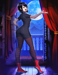 Rule 34 | 1girl, :d, ass, balcony, bat (animal), black hair, black nails, black pantyhose, blue eyes, blue sky, breasts, curtains, full moon, genzoman, halloween, hand on own hip, hotel transylvania, looking back, mavis dracula, moon, nail polish, night, night sky, open mouth, pantyhose, railing, red footwear, sky, small breasts, smile, solo, striped clothes, striped pantyhose