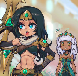 Rule 34 | 2girls, bare shoulders, black gloves, black hair, blunt bangs, blurry, blurry background, bracelet, breasts, cleavage, dress, elbow gloves, flying sweatdrops, gloves, green dress, green eyes, grey hair, holding, holding weapon, jewelry, large breasts, league of legends, long hair, multiple girls, navel, open mouth, phantom ix row, qiyana (league of legends), single bare shoulder, sivir, stomach, strapless, strapless dress, teeth, tongue, upper teeth only, weapon