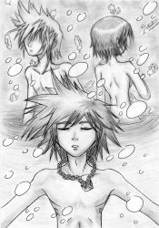 Rule 34 | 1girl, 2boys, absurdres, breasts, highres, kingdom hearts, monochrome, multiple boys, partially submerged, roxas, sora (kingdom hearts), spiked hair, upper body, water, xion (kingdom hearts)
