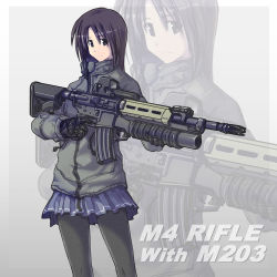 Rule 34 | 1girl, aai corporation, airtronic usa, assault rifle, blue eyes, blue hair, coat, colt&#039;s manufacturing company, colt defense, diemaco, eotech, gloves, grenade launcher, gun, knight&#039;s armament company, lewis machine and tool company, looking at viewer, m203, m4 carbine, matching hair/eyes, miniskirt, original, pantyhose, rifle, rm equipment, scope, short hair, skirt, solo, standing, tom keith, trigger discipline, u.s. ordnance, underbarrel grenade launcher, weapon, zoom layer