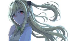 Rule 34 | 1girl, blonde hair, blush, bow, bowtie, closed mouth, collared shirt, commentary request, green bow, green bowtie, hair between eyes, hair ornament, highres, kaieee, konjiki no yami, long hair, looking at viewer, looking to the side, red eyes, shirt, short sleeves, simple background, solo, sweater vest, to love-ru, to love-ru darkness, two side up, very long hair, white background, white shirt