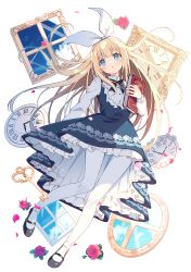 Rule 34 | 1girl, absurdres, alice (alice in wonderland), alice in wonderland, black bow, black bowtie, black footwear, blonde hair, blue eyes, blunt bangs, book, bow, bowtie, clock, commentary, dress, english commentary, flower, frilled dress, frills, full body, highres, holding, holding book, long hair, long sleeves, mary janes, original, pantyhose, petals, petticoat, rose, shoes, solo, white background, white pantyhose, window, zoirun
