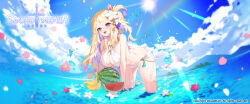 Rule 34 | 1girl, apple caramel, banana, beach, bent over, bikini, blonde hair, blue sky, blush, breasts, bug, butterfly, chain, cleavage, colored inner hair, commentary request, criss-cross halter, day, falling petals, flower, food, food-themed hair ornament, frilled bikini, frills, fruit, grape hair ornament, hair flower, hair ornament, halterneck, highres, insect, large breasts, lens flare, looking at viewer, mountainous horizon, multicolored hair, ocean, official art, open mouth, original, outdoors, petals, purple eyes, purple hair, sky, smile, solo, sun, swimsuit, teeth, two-tone hair, upper teeth only, watermelon, watermelon slice, white bikini
