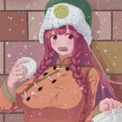 Rule 34 | alternate costume, baozi, braid, china dress, chinese clothes, dress, eating, embodiment of scarlet devil, food, fur hat, green eyes, green hat, hat, hat ornament, hiw5477, hong meiling, long hair, red hair, side braids, snowing, solo, star (symbol), star hat ornament, touhou, twin braids, winter