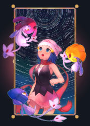 Rule 34 | 1girl, absurdres, arm at side, azelf, bare arms, bare shoulders, beanie, black shirt, black thighhighs, blue eyes, blue hair, blush, breasts, commentary request, cowboy shot, creatures (company), dawn (pokemon), game freak, gen 4 pokemon, hair ornament, hairclip, hand up, hat, highres, legendary pokemon, long hair, medium breasts, mesprit, nintendo, open mouth, orr (kkkkbbbbc), over-kneehighs, pink skirt, pokemon, pokemon (creature), pokemon dppt, scarf, shirt, skirt, sleeveless, sleeveless shirt, solo, tagme, teeth, thighhighs, upper teeth only, uxie, white hat