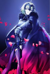Rule 34 | 1girl, armor, armored dress, cape, fate/apocrypha, fate/grand order, fate (series), faulds, fur trim, gauntlets, greatpengh, headpiece, highres, jeanne d&#039;arc (fate), jeanne d&#039;arc alter (avenger) (fate), jeanne d&#039;arc alter (avenger) (first ascension) (fate), jeanne d&#039;arc alter (fate), petals, ruler (fate/grand order), smile, solo, sword, thighhighs, weapon, white hair, yellow eyes