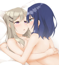 Rule 34 | 2girls, adachi sakura, adachi to shimamura, back, bed, blue hair, blush, breasts, commentary, completely nude, eye contact, green eyes, hair ornament, hairclip, hinata masaki, hug, imminent kiss, light brown hair, looking at another, medium breasts, multiple girls, nude, open mouth, pillow, purple eyes, shimamura hougetsu, simple background, upper body, white background, yuri