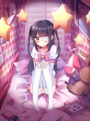 Rule 34 | 1girl, :|, bad id, bad pixiv id, bandaged arm, bandages, bandaid, bed, black hair, blunt bangs, blush, bow, box, boxcutter, candy, clock, closed mouth, drinking straw, drugs, eyepatch, food, frilled pillow, frills, full body, gradient eyes, hands on own knees, heart, heart-shaped box, highres, indoors, juice box, knees up, kobeni hijiko, kzom, long hair, looking at viewer, mobile, multicolored eyes, no shoes, on bed, original, panties, pantyshot, picture frame, pill, pillow, pink bow, pink skirt, pleated skirt, school uniform, serafuku, sidelocks, sitting, skirt, solo, stuffed animal, stuffed cat, stuffed rabbit, stuffed toy, tray, two side up, underwear, wallpaper (object), wand, white legwear, white panties