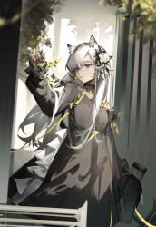 Rule 34 | 1girl, absurdres, animal ears, arknights, commentary, cowboy shot, dress, flower, grey dress, hair flower, hair ornament, hand up, heavyrain (arknights), heavyrain (tranquil moss) (arknights), highres, long hair, long sleeves, nagito, off-shoulder dress, off shoulder, official alternate costume, purple eyes, rose, silver hair, solo, standing, white flower, white rose