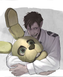 Rule 34 | 1boy, absurdres, animal costume, brown hair, evil smile, five nights at freddy&#039;s, highres, hugging object, oyoso goku, rabbit costume, security guard, short hair, smile, solo, spring bonnie (fnaf), william afton