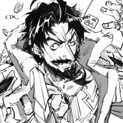 Rule 34 | 1boy, ahoge, beard, black hair, coin, edward teach (fate), facial hair, fate (series), gauntlets, greyscale, grin, hands up, jacket, jewelry, looking at viewer, male focus, monochrome, ring, sasami (ki), short hair, simple background, smile, solo, upper body, white background