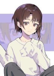 Rule 34 | 1girl, asymmetrical hair, brown hair, collarbone, commentary, cowboy shot, english commentary, frown, grey pants, hair ornament, highres, indian style, iwakura lain, looking at viewer, milka (milk4ppl), pants, parted bangs, pink eyes, purple background, serial experiments lain, shirt, short hair, sitting, sleeves past fingers, sleeves past wrists, solo, two-tone background, white background, white shirt, x hair ornament, zoom layer