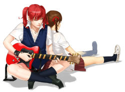 Rule 34 | 2girls, aigle, candy cane (rumble roses), fugi jis, guitar, instrument, multiple girls, red hair, rumble roses, school uniform, short twintails, simple background, sitting, twintails, white background