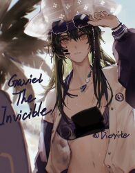 Rule 34 | 1girl, arknights, arm up, bikini, blue-tinted eyewear, brown eyes, brown hair, character name, collarbone, commentary request, day, eyewear lift, gavial (arknights), gavial the invincible (arknights), hair between eyes, hat, highres, jacket, lifting own clothes, long hair, long sleeves, looking at viewer, open clothes, open jacket, outdoors, palm tree, pointy ears, puffy long sleeves, puffy sleeves, purple bikini, solo, stan859876, sunglasses, swimsuit, tinted eyewear, tree, white hat, white jacket