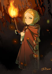 Rule 34 | 1girl, absurdres, blonde hair, braid, cloak, green eyes, guazi, highres, holding, holding torch, nintendo, pointy ears, princess zelda, short hair, solo, the legend of zelda, the legend of zelda: breath of the wild, the legend of zelda: tears of the kingdom, torch