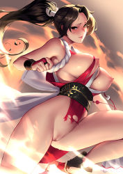 Rule 34 | 1girl, breasts, cian yo, cleavage, fatal fury, large breasts, nipple slip, nipples, no panties, pelvic curtain, pussy, revealing clothes, shiranui mai, snk, solo, the king of fighters, the king of fighters xiv, thighs, torn clothes, uncensored