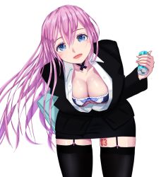 Rule 34 | 00s, 1girl, artist name, blue eyes, blush, breasts, can, cleavage, downblouse, garter belt, head tilt, highres, holding, holding can, koba (furikake-p), large breasts, leaning forward, long hair, looking at viewer, megurine luka, navel, open clothes, open mouth, pink hair, simple background, smile, solo, standing, tattoo, thighhighs, vocaloid, white background