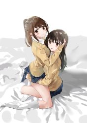 Rule 34 | 2girls, absurdres, black hair, blush, brown eyes, brown hair, cardigan, closed mouth, collared shirt, crossed legs, fujisaki ribbon, full body, hair between eyes, hand on another&#039;s ass, hand on another&#039;s head, highres, long hair, long sleeves, looking at viewer, multiple girls, open mouth, original, pleated skirt, ponytail, shirt, simple background, sitting, sitting on lap, sitting on person, skirt, sleeves past wrists, socks, uniform, white shirt, white socks, yuri