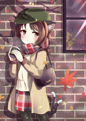 Rule 34 | 1girl, animal ears, autumn, autumn leaves, bag, black pantyhose, brown hair, casual, cat ears, cat tail, chen, contemporary, earrings, hat, highres, jewelry, looking to the side, multiple tails, pantyhose, plaid, plaid scarf, plaid skirt, red eyes, scarf, short hair, skirt, smile, solo, soramuko, tail, touhou, window