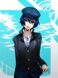 Rule 34 | 1girl, androgynous, atlus, bad id, bad pixiv id, blue eyes, blue hair, cabbie hat, female focus, hat, jacket, kanmi, matching hair/eyes, persona, persona 4, reverse trap, shirogane naoto, short hair, solo