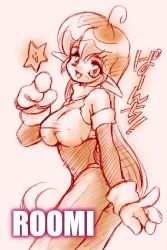 Rule 34 | 1girl, breasts, character name, galaxy fight, gloves, large breasts, long hair, monochrome, orange theme, pink background, pointy ears, roomi, sepia, sketch, solo, sunsoft, white background