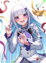 Rule 34 | 1girl, armband, bird, blue hair, blunt bangs, blush, breasts, buttons, commentary, confetti, crying, crying with eyes open, double-breasted, hair ornament, happy tears, hat, highres, jacket, lips, lize helesta, long hair, looking at viewer, multicolored hair, nijisanji, open mouth, party hat, pink eyes, ribbon, sebastian piyodore, shirt, silver hair, simple background, small breasts, smile, solo, streaked hair, suraimu (suraimuraimu), tears, two-tone hair, uniform, upper body, virtual youtuber, white background, white jacket, white shirt, wing collar