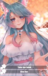 Rule 34 | 1girl, absurdres, animal ear fluff, animal ears, artist name, ayrinsama, blue eyes, blue hair, breasts, choker, cleavage, commentary, cross, cross necklace, dress, english commentary, english text, flower, frilled dress, frills, hair flower, hair ornament, highres, jewelry, large breasts, long hair, looking at viewer, multicolored hair, necklace, outstretched hand, pink hair, silvervale, smile, streaked hair, swept bangs, virtual youtuber, vshojo, white choker, white dress, wolf ears, wolf girl