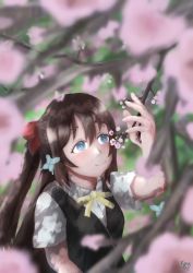 Rule 34 | 1girl, absurdres, aqua eyes, aqua shirt, artist name, artist request, black vest, blue butterfly, blue eyes, blush, bow, branch, breasts, brown hair, bug, butterfly, buttons, collared shirt, female focus, hair between eyes, hair bow, highres, insect, kingan, long hair, looking at viewer, love live!, love live! nijigasaki high school idol club, myopia (kingan artlife), nijigasaki academy school uniform, osaka shizuku, outdoors, parted lips, ponytail, red bow, ribbon, school uniform, shirt, short sleeves, small breasts, smile, solo, sweater vest, tree, upper body, vest, white shirt, yellow buttons, yellow neckwear, yellow ribbon