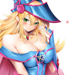 Rule 34 | 1girl, artist logo, bare shoulders, blonde hair, blue hat, blush, breasts, brooch, cape, cleavage, closed mouth, dark magician girl, dress, duel monster, green eyes, hair between eyes, hand up, hat, jewelry, large breasts, long bangs, long hair, looking at viewer, off-shoulder dress, off shoulder, pavi, pentacle, pentagram, sidelocks, simple background, solo, upper body, white background, wizard hat, yu-gi-oh!
