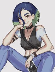 Rule 34 | 1girl, ak4ired, blue hair, bob cut, breasts, brown eyes, camera, creatures (company), denim, game freak, green hair, highres, holding, jeans, looking at viewer, medium breasts, midriff, multicolored hair, navel, nintendo, open mouth, pants, perrin (pokemon), pokemon, pokemon sv, shirt, short hair, short sleeves, smile, solo, stomach, white shirt