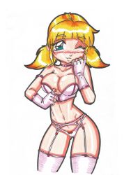 Rule 34 | 1girl, absurdres, alternate breast size, blonde hair, blue eyes, blush, bra, bra pull, breasts, cameltoe, cleavage, clothes pull, fingerless gloves, garter straps, gloves, grin, highres, inspector gadget, large breasts, legs, lingerie, looking at viewer, low twintails, monochrome, navel, one eye closed, penny (inspector gadget), smile, solo, swimsuit, teasing, thick thighs, thighs, thong, traditional media, twintails, underwear, wink