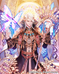 Rule 34 | 1boy, armor, bad id, bad pixiv id, blonde hair, bug, butterfly, butterfly wings, circlet, dragon&#039;s shadow, gem, grey eyes, insect, insect wings, long hair, male focus, official art, pointy ears, robe, shoulder armor, solo, staff, tassel, watermark, white hair, wings, yna