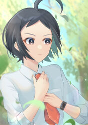 Rule 34 | 1boy, absurdres, adjusting clothes, adjusting necktie, ahoge, black hair, breast pocket, cheren (pokemon), closed mouth, collared shirt, commentary request, creatures (company), day, falling leaves, game freak, highres, leaf, looking down, male focus, necktie, nintendo, orange necktie, outdoors, parted bangs, pocket, pokemon, pokemon bw2, shirt, short hair, sleeves rolled up, upper body, x napii, xtransceiver